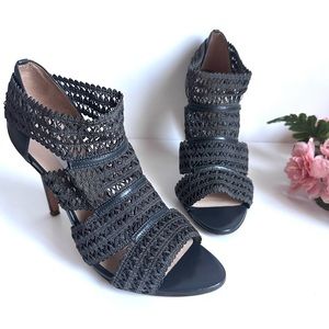 L.K. Bennett Eloise Olive Green Leather Lace Cut Out Peep Toe Bootie High Heels